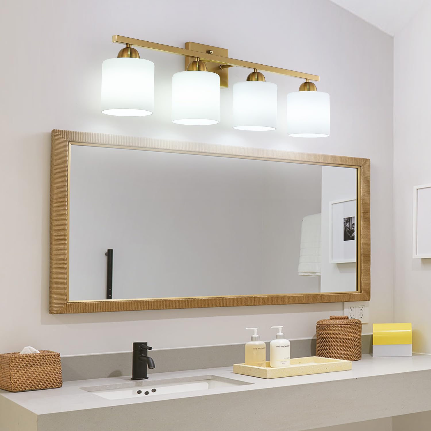 Mecgirn Stainless Steel 4-Light Bathroom Vanity Light, Brushed Gold with Frosted Glass, Model B0003-4-Gold