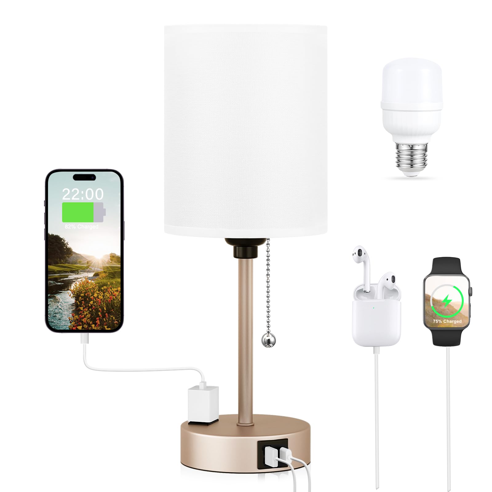 Dicoool Bedside Table Lamp - 3 Color Temperatures, USB C & A Ports, AC Outlet, 14.6in, White - Light Gold, Model 15-1