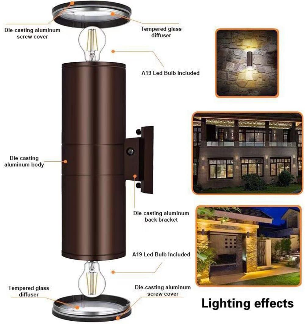 Rosykite Outdoor Wall Lights - Dusk To Dawn Modern Sconces, 2 Bulbs Included, Brown Aluminum