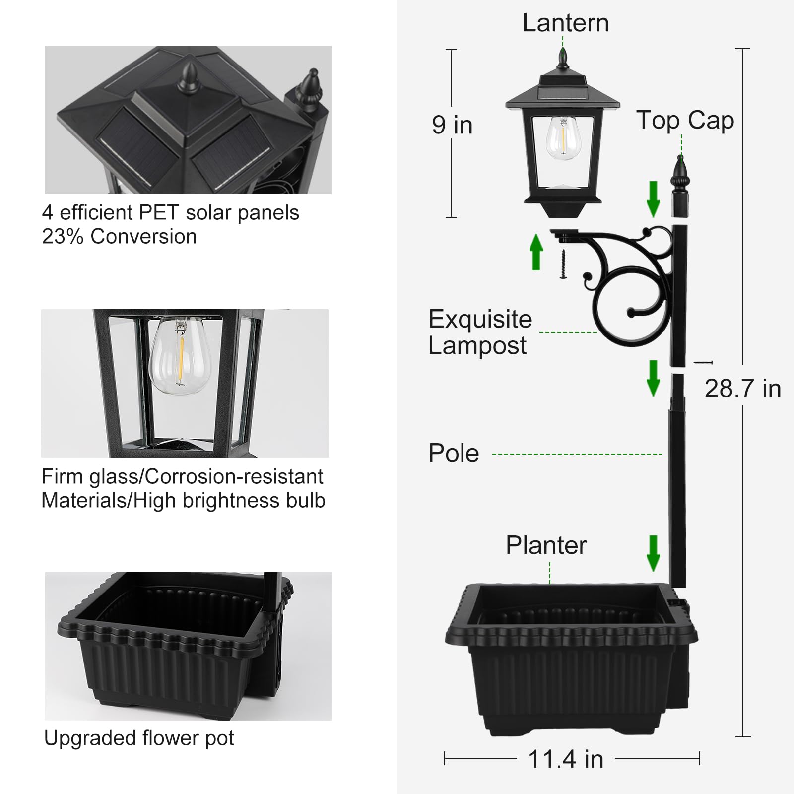 Melunar Outdoor Flower Pots and Solar Lamp Post Lights, Waterproof, Warm White, Model FOL010