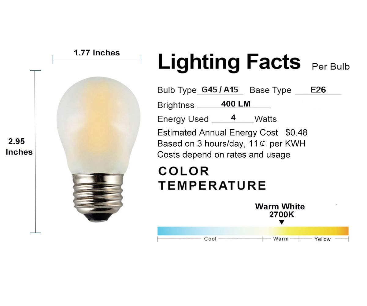 Opalray A15 Led Filament Bulb, 40W Equivalent, Dimmable, Warm White, E26 Base,