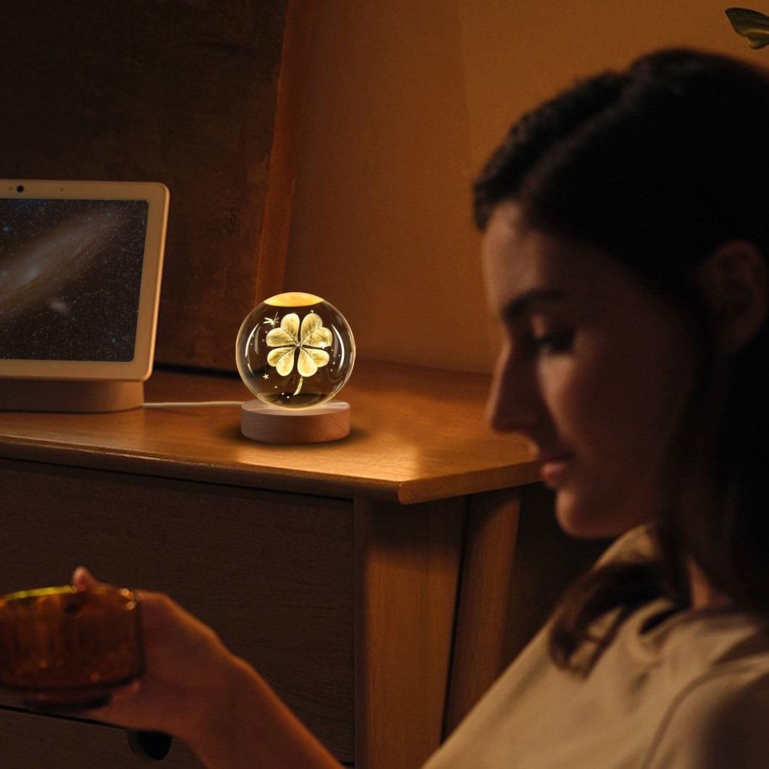 Flexzion 3D Clover Crystal Ball Night Light - Led Light Hologram Glass Lamp With Solid Wood Base  Usb Powered Crystal Ball Lamp With Adjustable Brightness For Home Decor Display Gift  2.4Inch(60Mm)