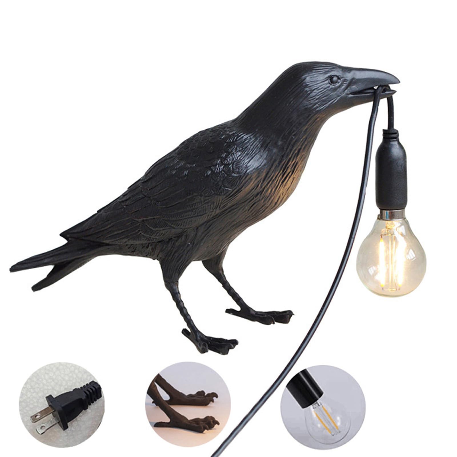 Nordiem Crow Table Lamps Bird Desk Lamp Bedroom Wall Sconce Lamp Light Resin Decoration E12 110V Led Bulb (Black Sitting Table Lamp)