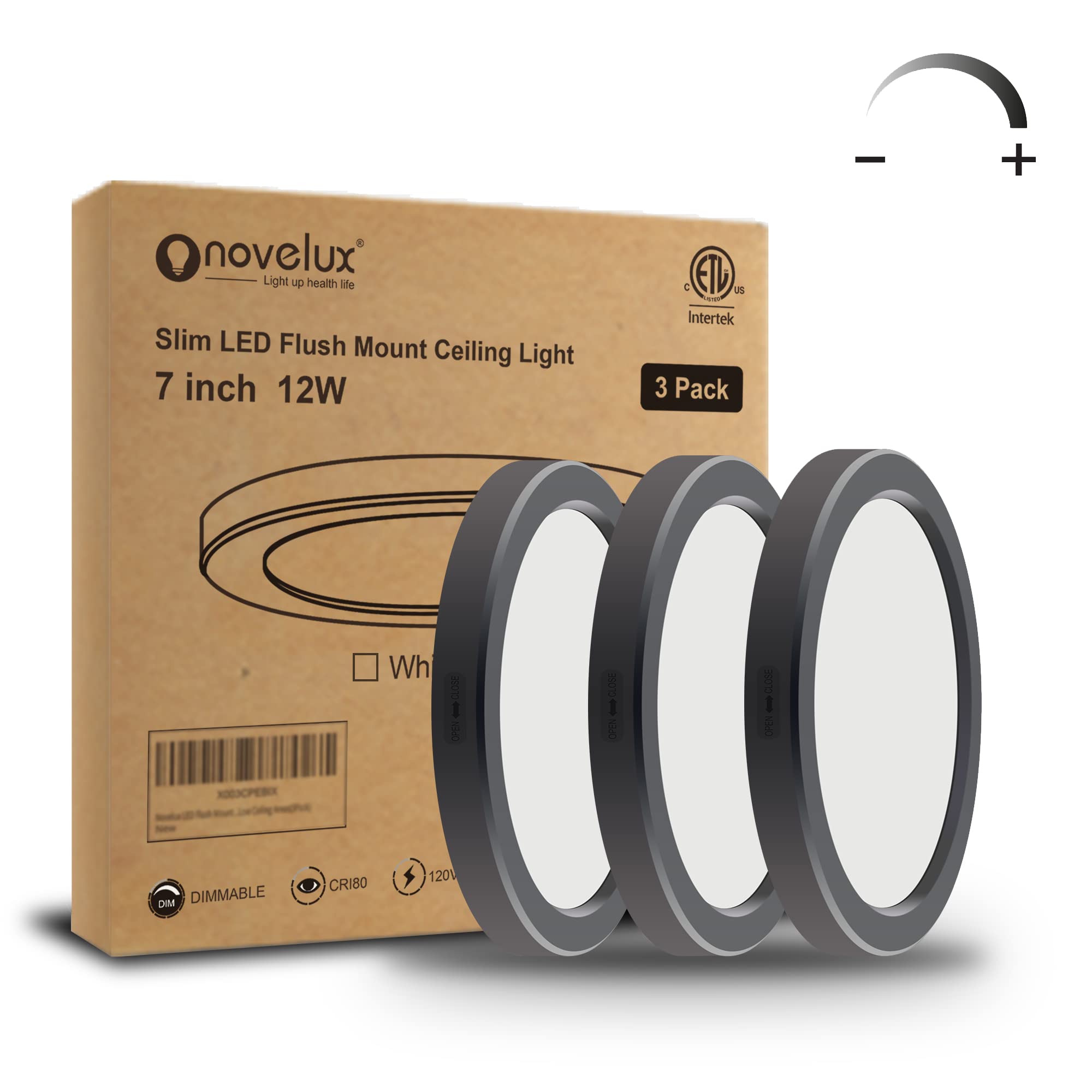 NOVELUX 7 Inch LED Flush Mount Ceiling Light, Dimmable, 5000k, Black, Glass, 3 Pack, Model CL-7IN