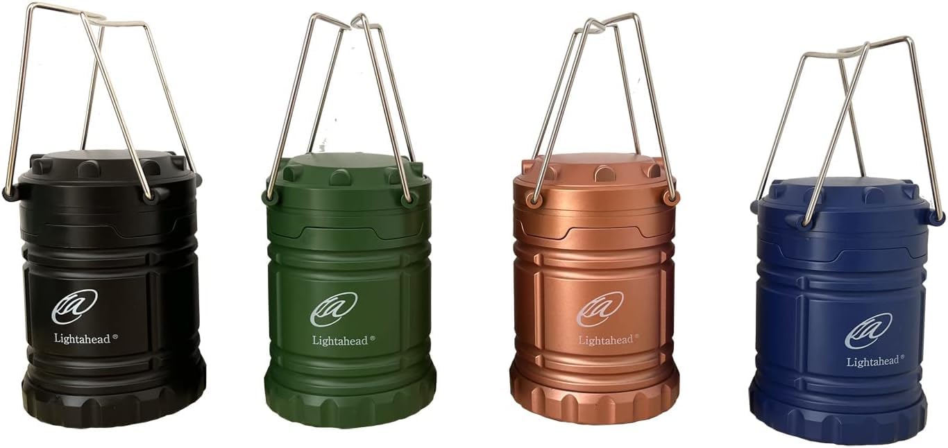 Lightahead Portable Outdoor LED Camping Lantern Set of 4, Collapsible, Emergency Tent Light, Colors: Black, Blue, Brown, Green, Model LA-4S7029-NOBAT