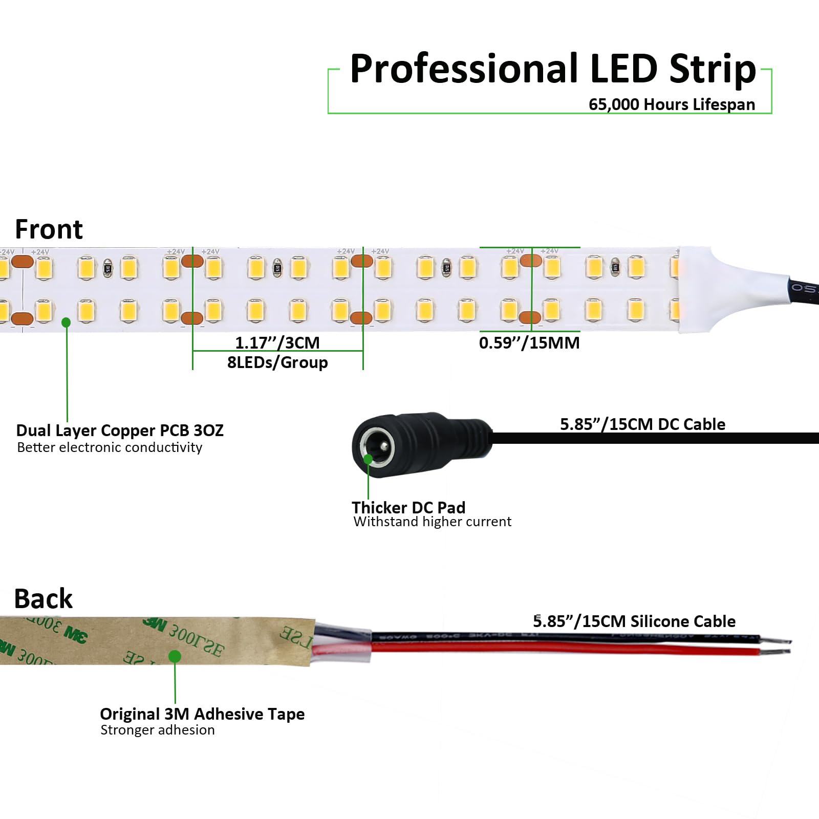 JOYLIT LED Strip Light 24V Warm White 3000K 16.4FT 272LEDs/M Dimmable Model S28DNP-WW