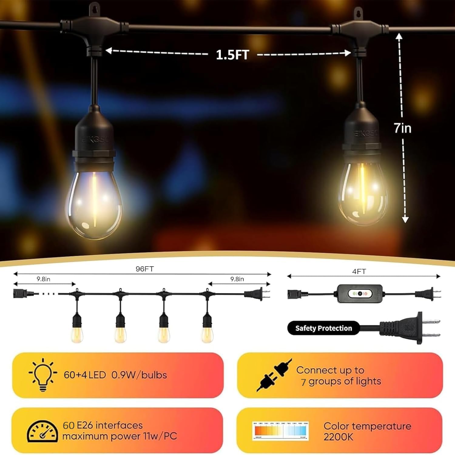 EIKOSON 100FT LED Outdoor String Lights, 64 Waterproof Bulbs, Remote & Dimmer, Black, Commercial Grade, Model EIK-96FT-64