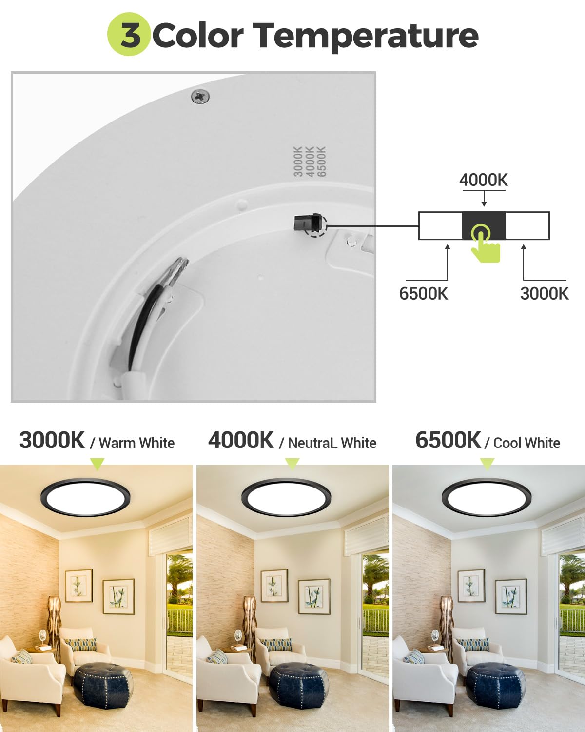 1Pack Led Flush Mount Ceiling Light - 3Cct Selectable 3000K-4000K-6500K & 100W Equivalent Modern Kitchen Recessed Ceiling Lamp 2
