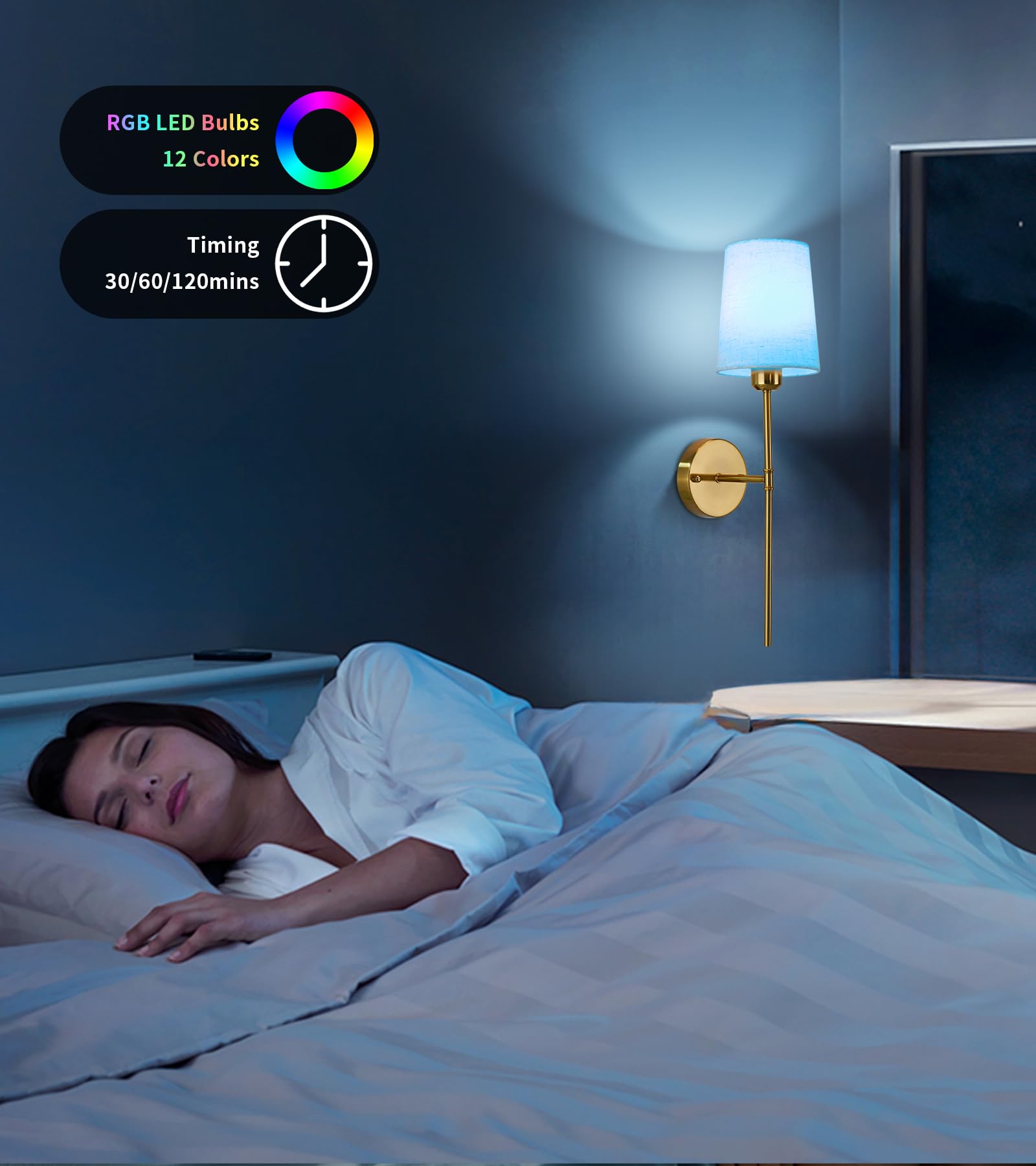 Qiandenghui Battery Operated Wall Sconce Set of 2, 12RGB Colors Light Bulb & Remote Control, Wireless Wall Light with Rechargeab