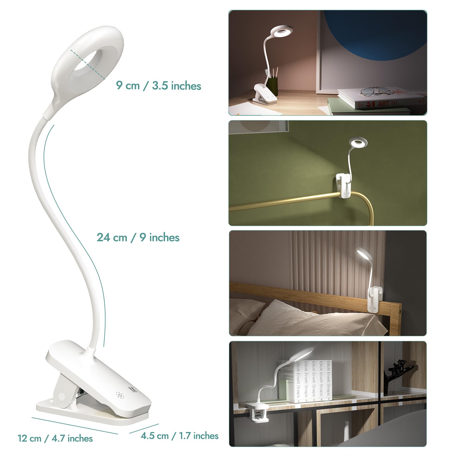 Cuhioy 2Pack Clip On Reading Light, 5 Colors 5 Brightness Bed Light For Headboard, Battery Rechargeable Flexible Arm Table Lamp