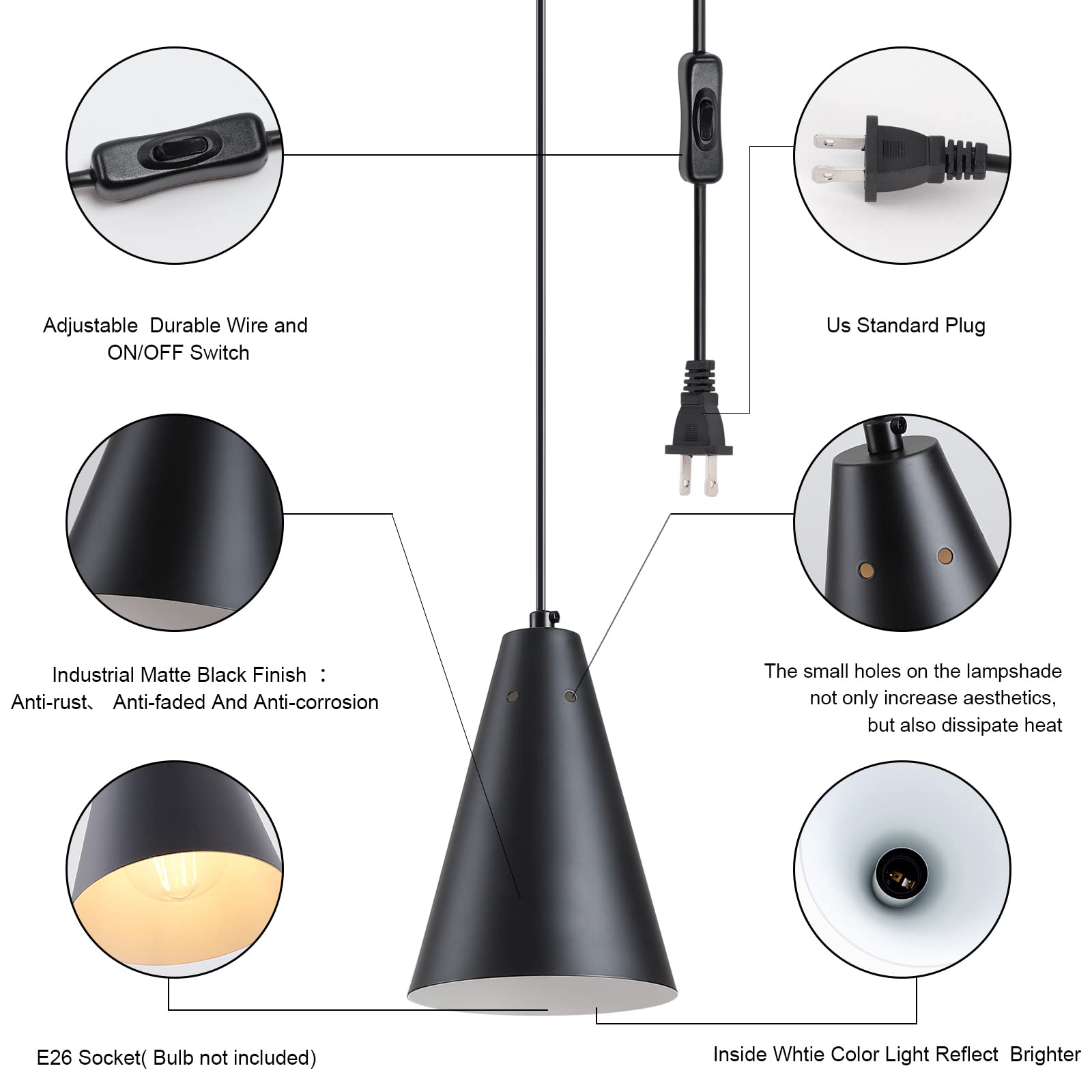 Dijiahua Black Plug In Pendant Light, Metal Shade, Modern Farmhouse Style, On/Off Switch, Mini Size for Kitchen Island, Model P-JDH050