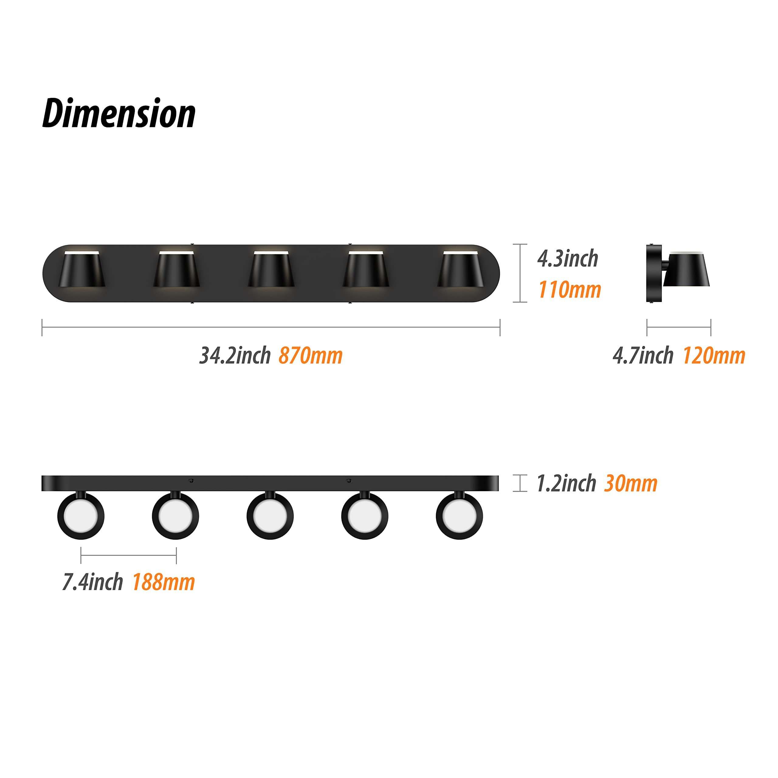 URSOLA 5 Light Bathroom Vanity Light Fixtures, Dimmable, 34in Black Acrylic, Model 7540-5T