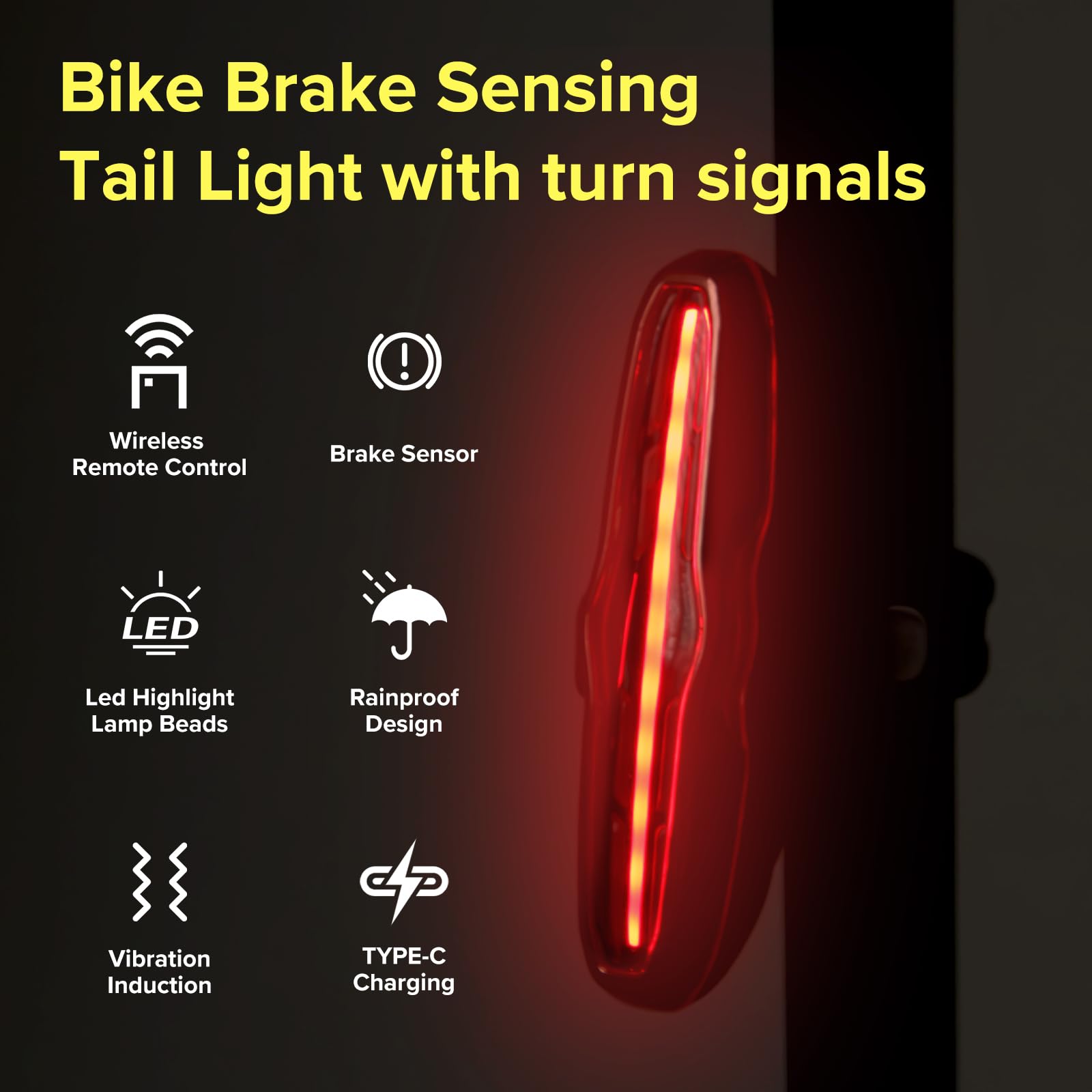 Smart Bike Tail Light with Turn Signals,Automatic Brake Sensing Light,Wireless Remote Control Bicycle Rear Lights,USB Rechargeab