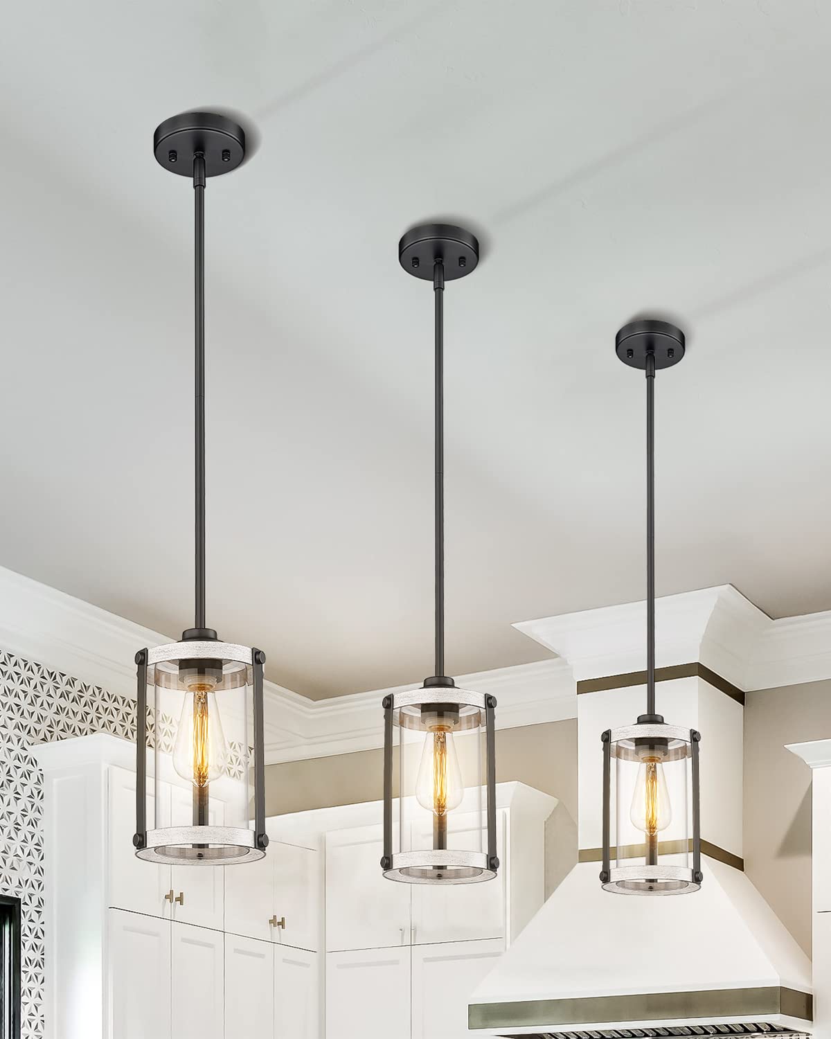 Osimir Farmhouse Pendant Light Fixtures, 1-Light Rustic Oak White Pendant Light Fixtures, Mini Glass Hanging Lighting With Rod F