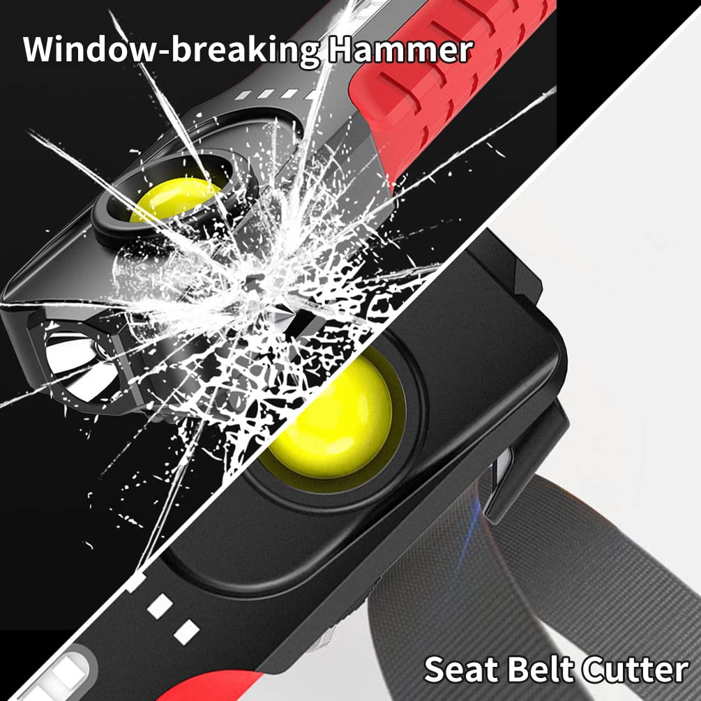 BY-J Car Flashlight, LED Work Light with 4 Modes, Rechargeable, Window Breaker, Seatbelt Cutter, Model JWL-888-Red