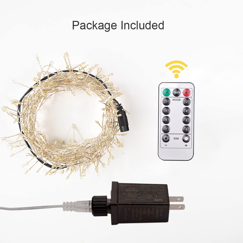 Resnice 33Ft Firecracker String Lights 300 Led Warm White Plug In Indoor Silver Wire Led Cluster Fairy Lights With Remote For Christmas Tree,Plant,Bedroom,Garden,Patio,Backyard