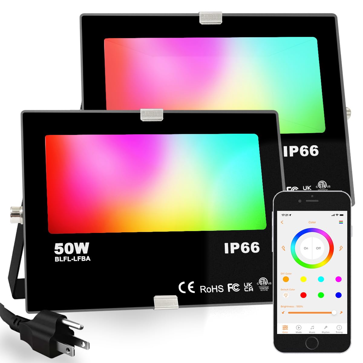 ILC LED Flood Light 50W Outdoor RGB Color Changing, Smart Floodlights RGBW 2700K Warm White & 16 Million Colors, 20 Modes, Group