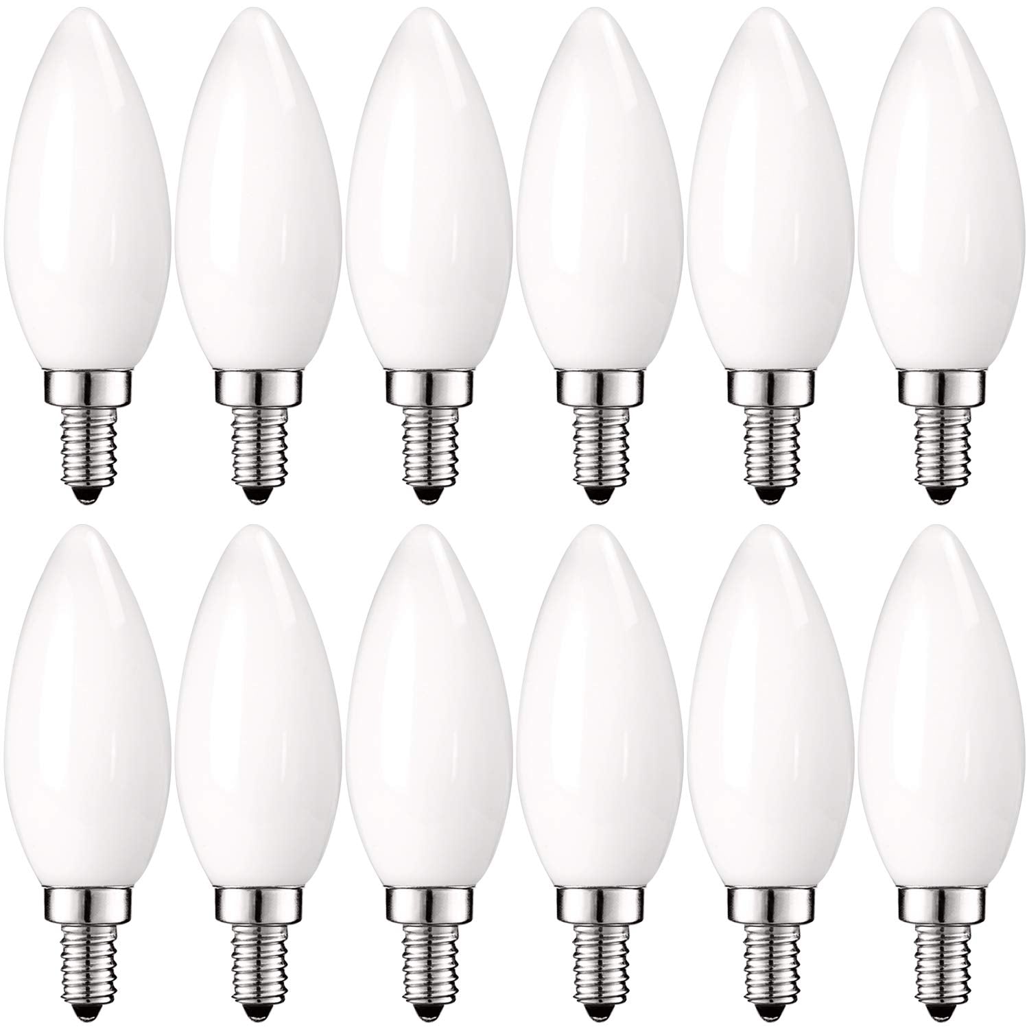 LUXRITE 4W Dimmable Frosted Candelabra LED Bulbs, 2700K Warm White, E12, 40W Equivalent, 12 Pack, Glass