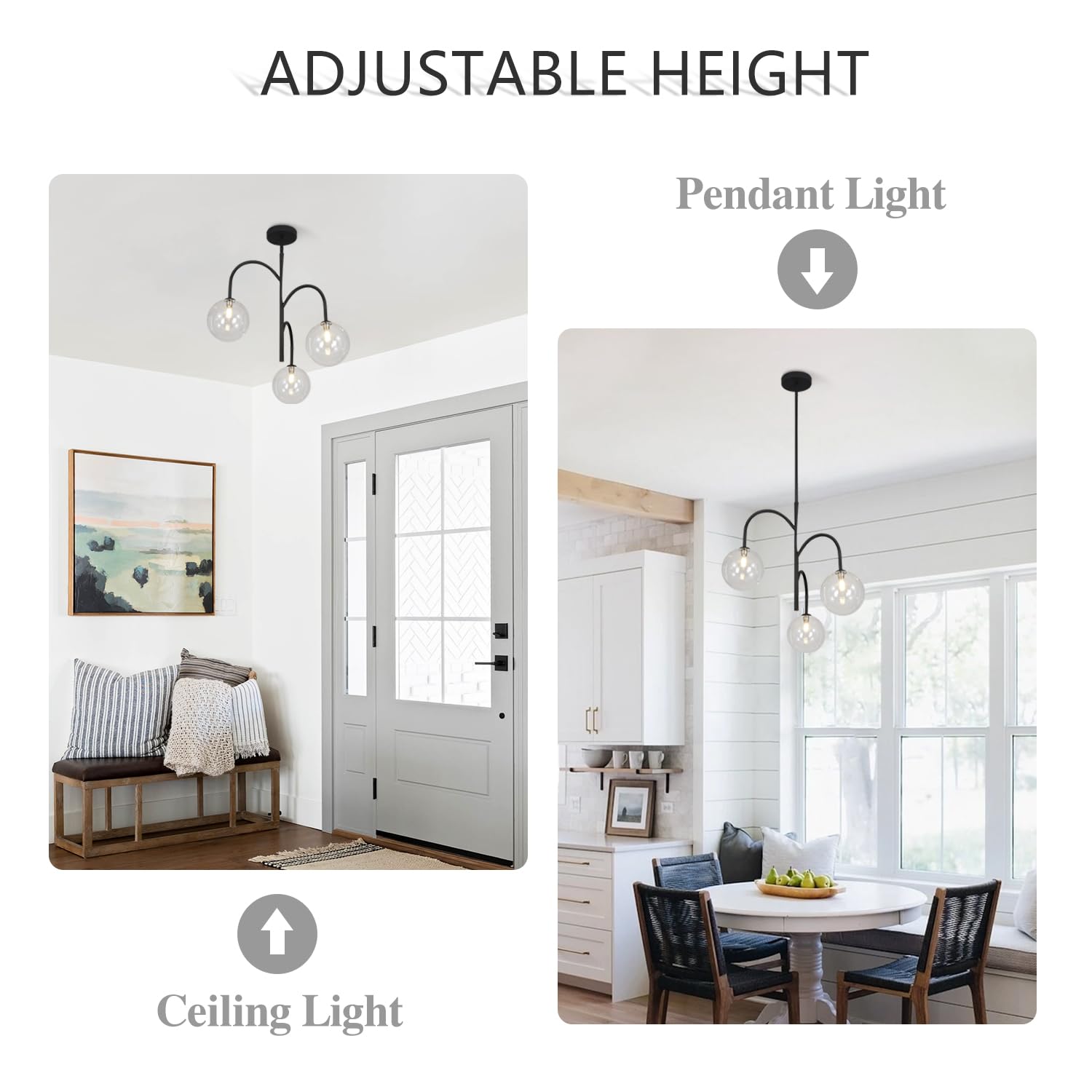 Flyrose Clear Bubble Chandelier Lighting Farmhouse Black Pendant Lighting 3-Light Kitchen Island Light Fixtures Mid Century Mode