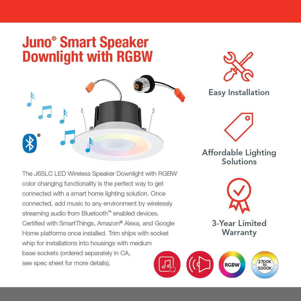 Juno J6SLC RGBW MW M6 Smart Downlight Speaker - 6-Inch, Matte White, Dynamic RGBW Color