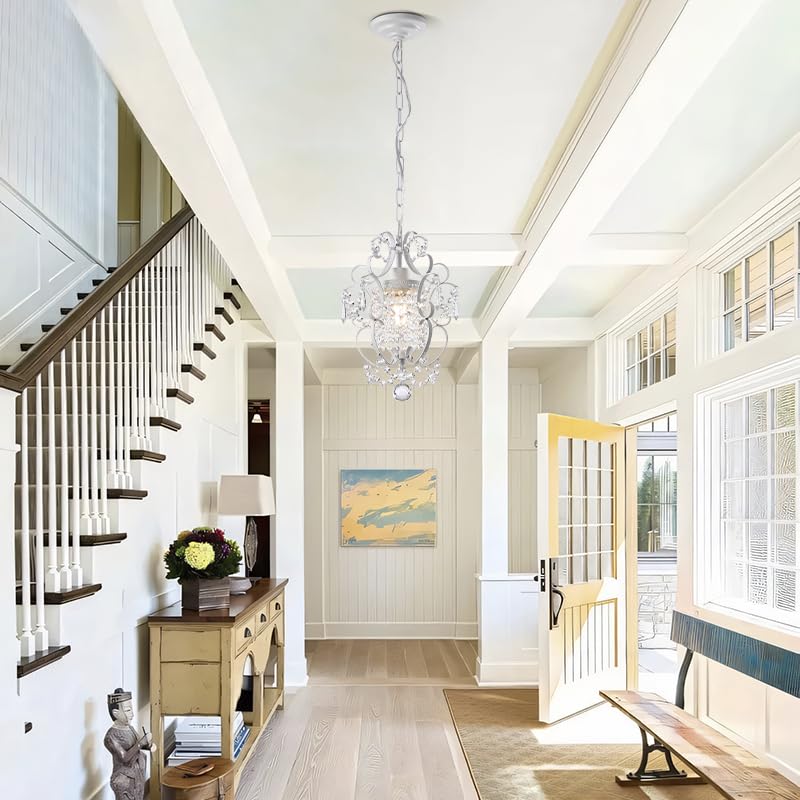 riomasee Mini Chandelier, 1-Light 11" White Crystal Iron Ceiling Light, Hard-wired Fixture for Hallway, Foyer, Dining Room, Model RM2024-19
