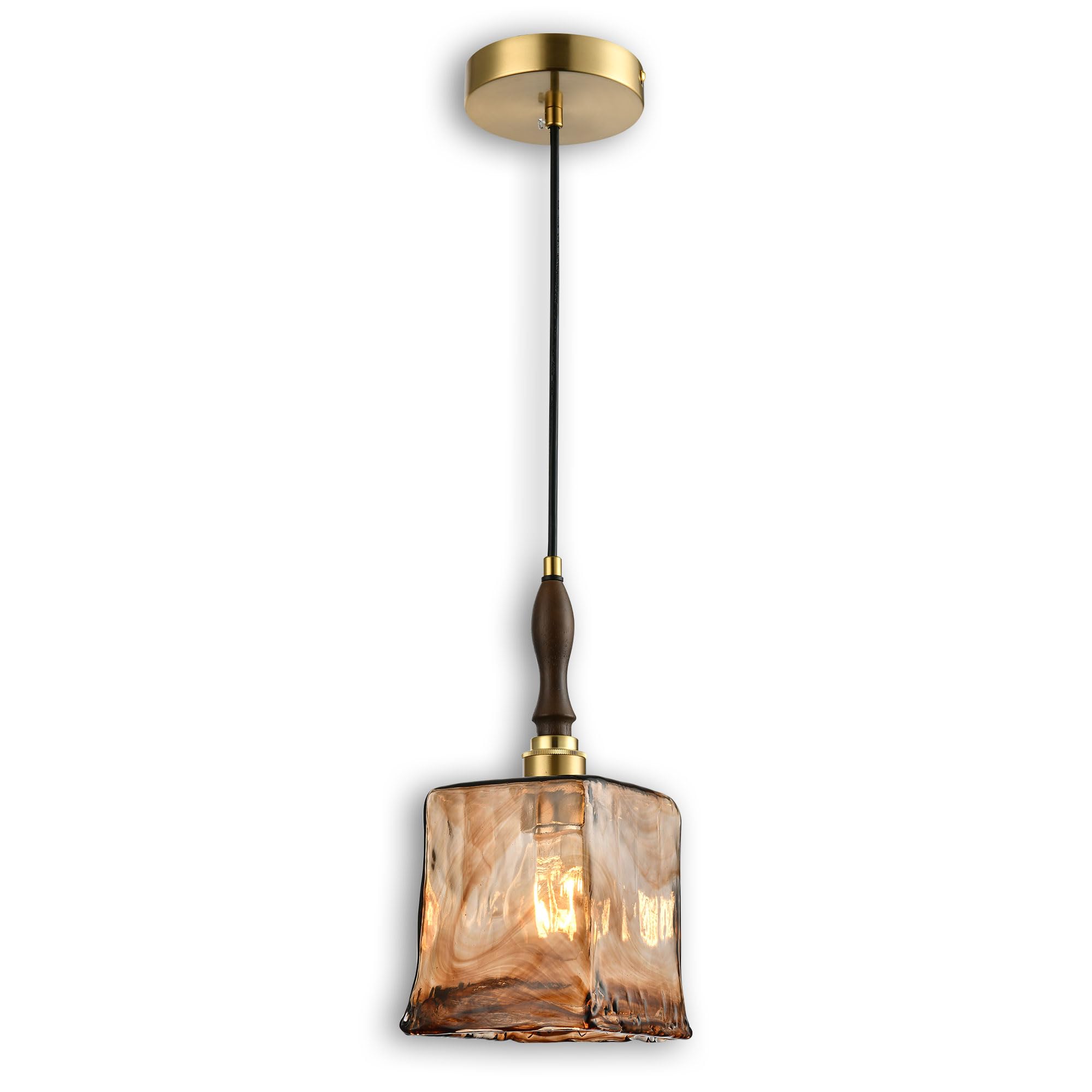 LUXWELL Modern Amber Glass Pendant Light, 5.25x11.7 Elongated Hanging Fixture with Wood Grip & Brass Accent, 15-72 Adjustable Li