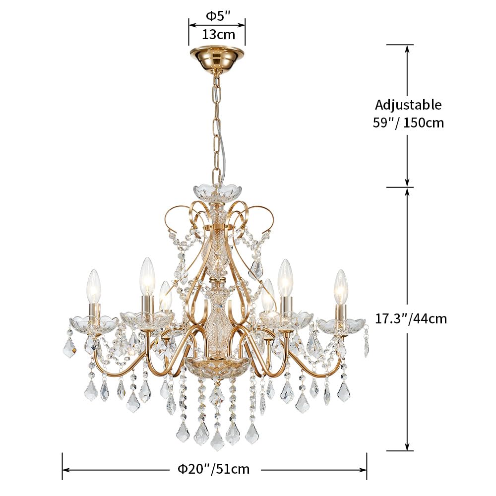 SM Saint Mossi 6-Light Crystal Chandelier, French Gold, H23 x D24, Modern Raindrop Lighting for Dining Room, Bedroom, Living Room