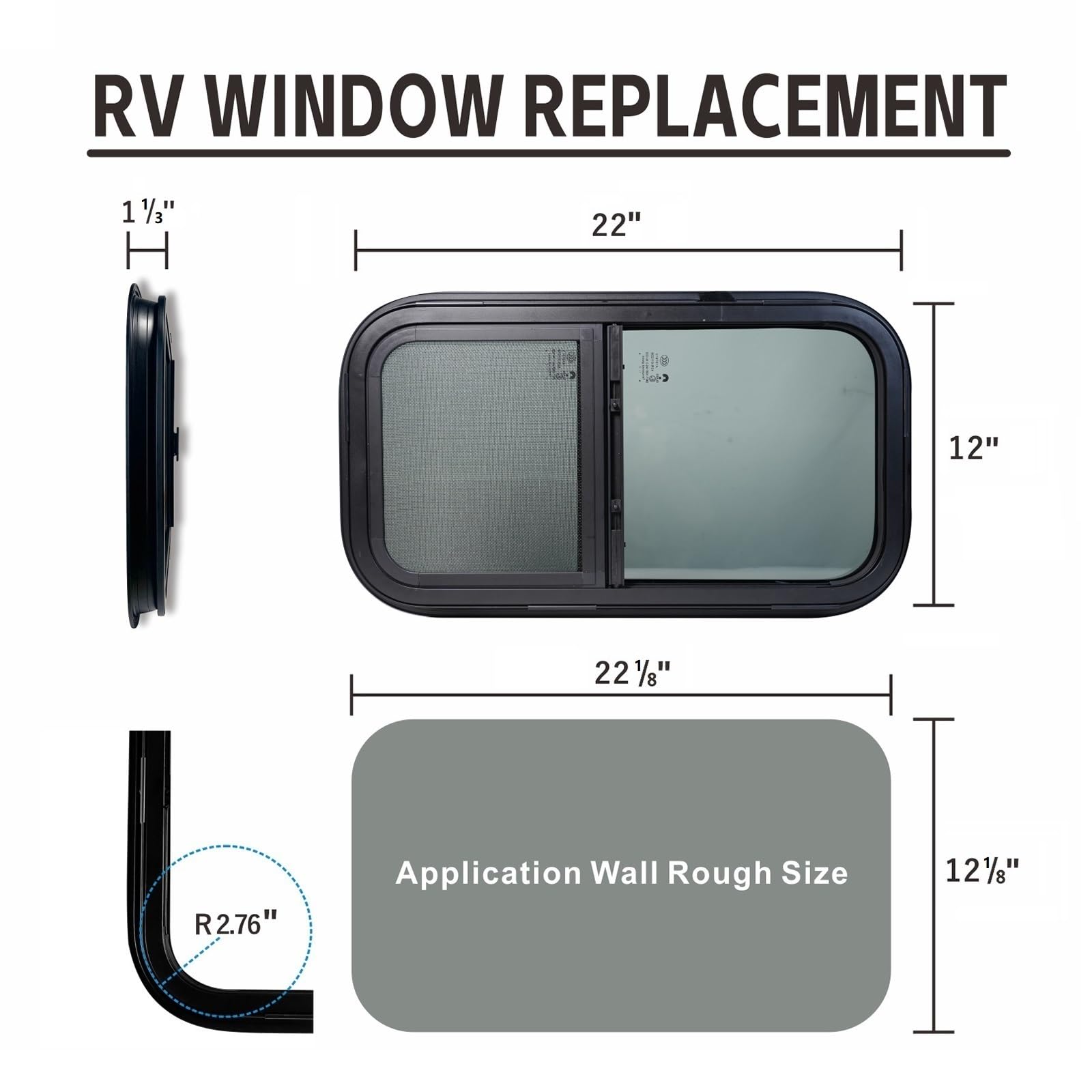 TZGP RV Windows - Replacement Camper Window, 12inW x 22inH, Tempered Glass, Black, Model SLIDER RV WINDOW 04, Vertical Venting with Screen