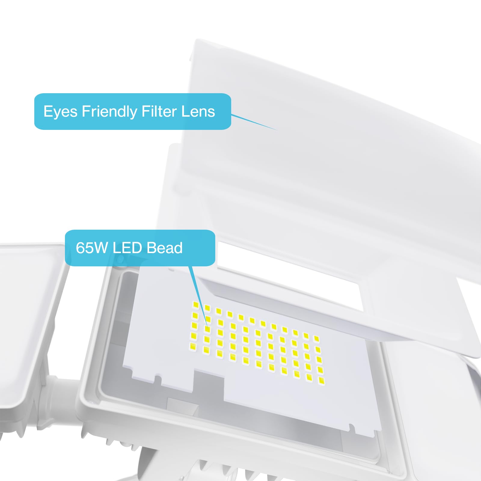 Olafus 65W Motion Sensor Outdoor Light, 6000LM, 6500K, 3 Adjustable Heads, IP65 Waterproof, 2 Pack, White, Model BDB55G