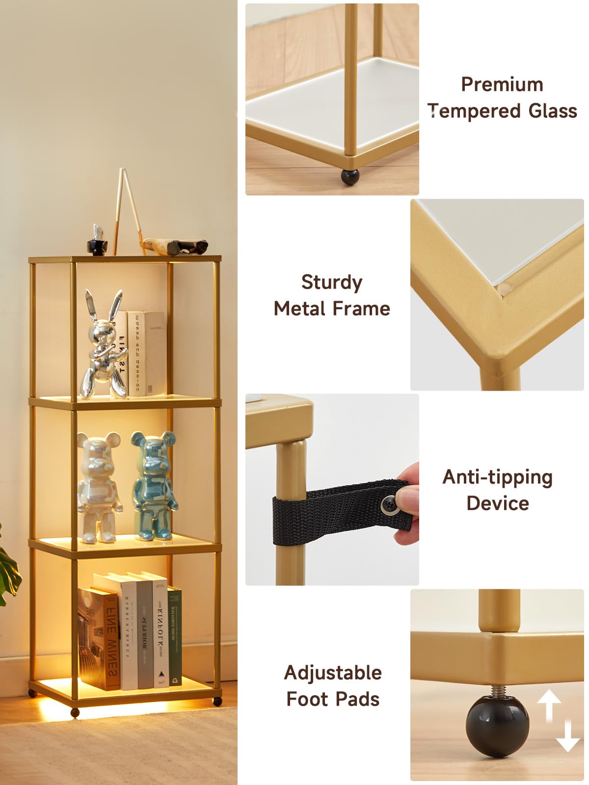 MANBUR LED Display Shelf with 4-Tier Bookcase, Iron, 44inH x 15.7inL x 12.6inW, Gold