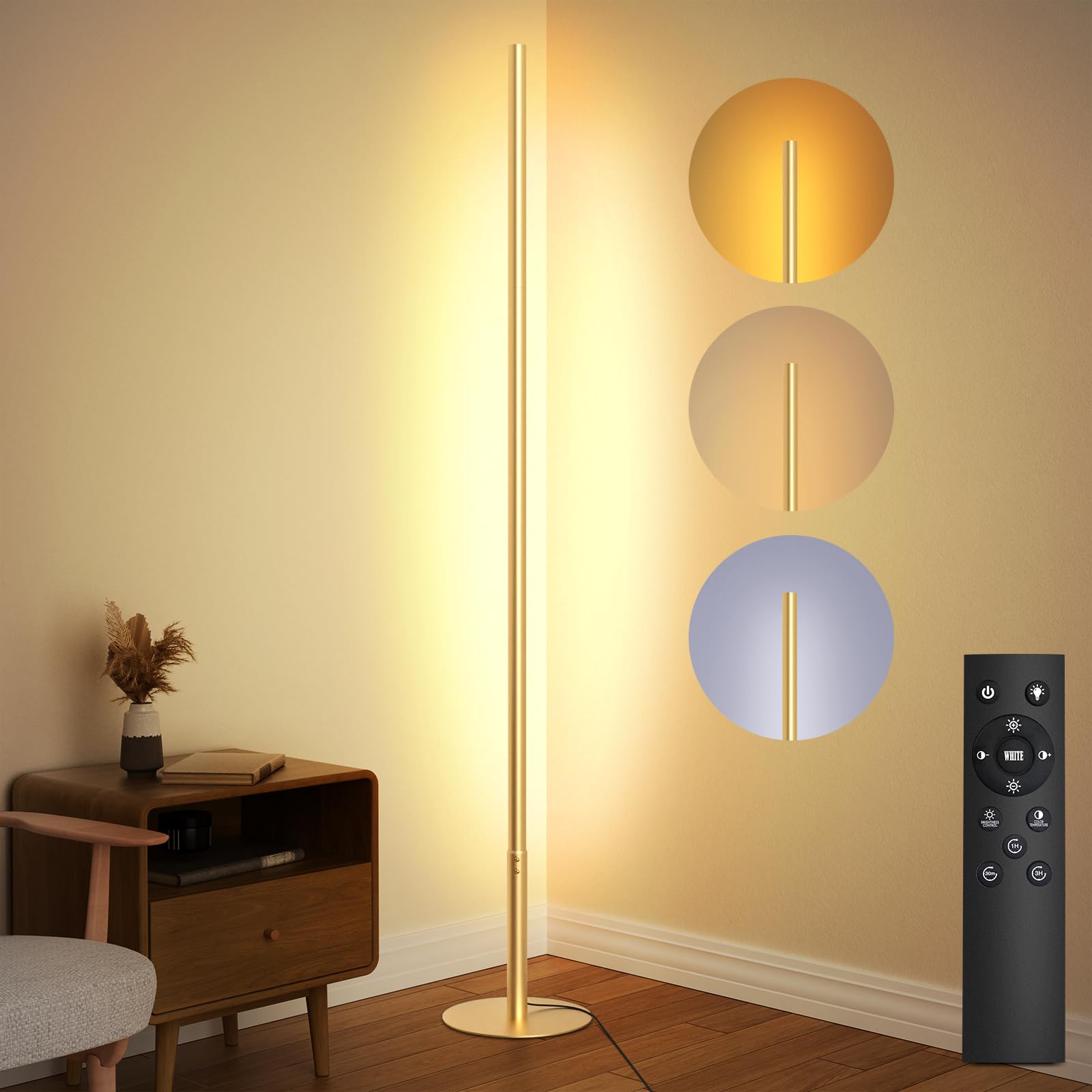 Tacopet Led Corner Floor Lamp For Living Room, Dimmable Light With Remote, 2700-6500K Stepless Adjustable Colors & Brightness, M