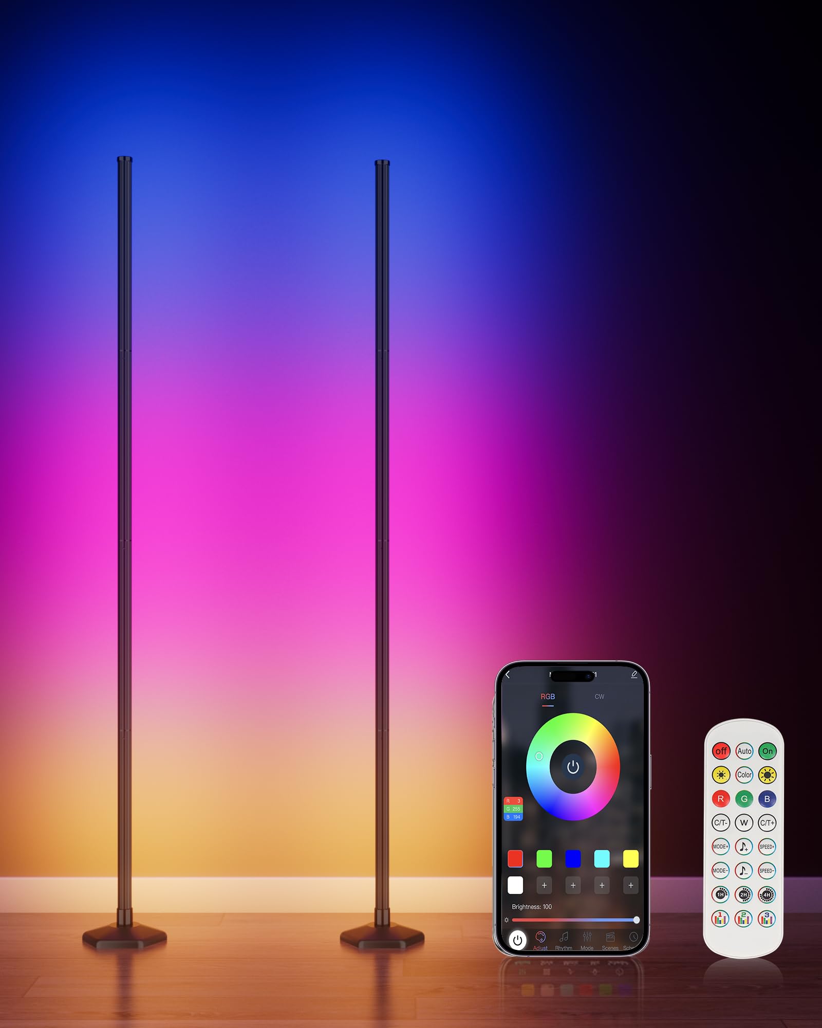 WISIMMALL 2PCS RGB Floor Lamp, Bluetooth APP and Remote Control 65'' Smart Modern Standing Lamp Music Sync 16 Million DIY Colors