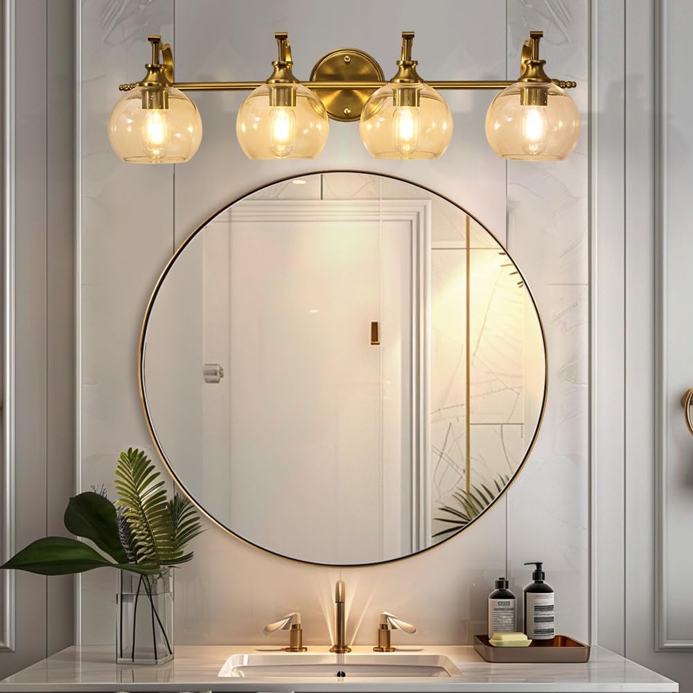 ANDY STAR Brass Vanity Light - 4-Light Gold Bathroom Fixture, Vintage Design with Globe Clear Glass Shade, E26 Base (Bulbs Not Included)
