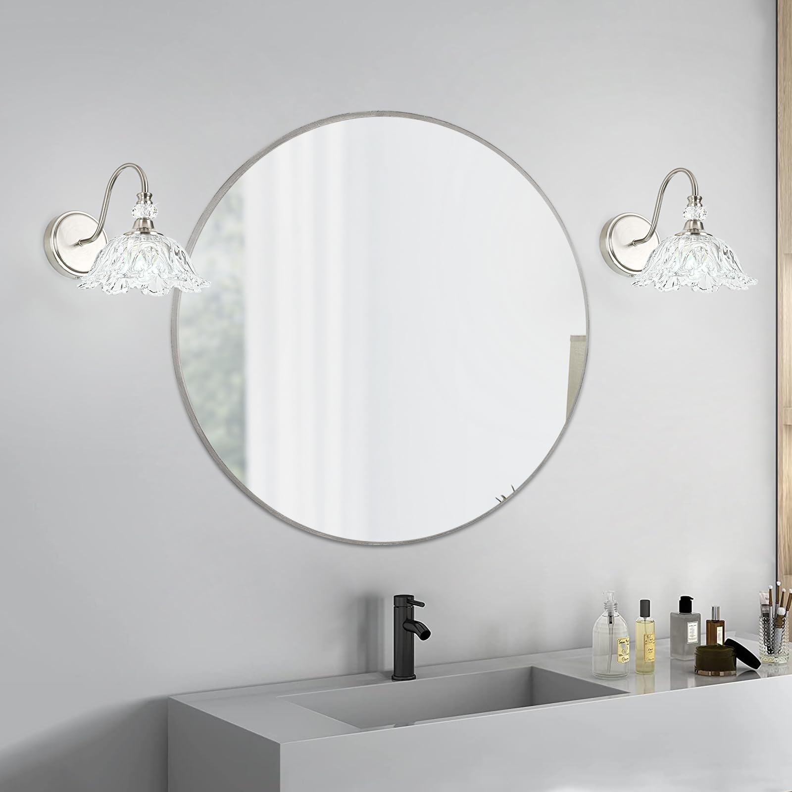 sunkryster Brushed Nickel Wall Sconce - 1-Light Modern Bathroom Vanity Light with Floral Clear Glass Shade, Model Sun-104AB-1-Nickel