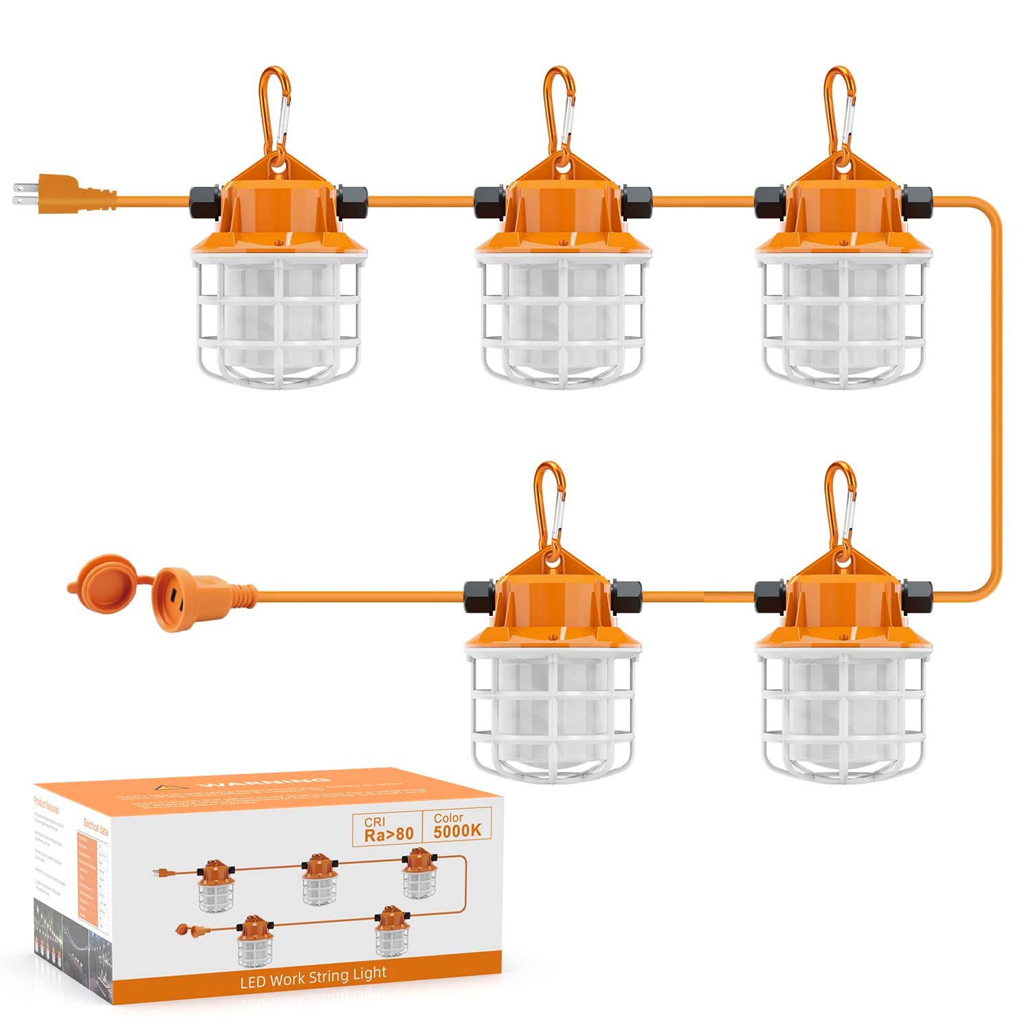 Ns 50Ft Construction String Lights Led Industrial Grade Super Bright For Construction Sites, Temporary Work, Renovation, Jobsite, And All Outdoor Lighting, With 5 Bulbs And Climbing Hook