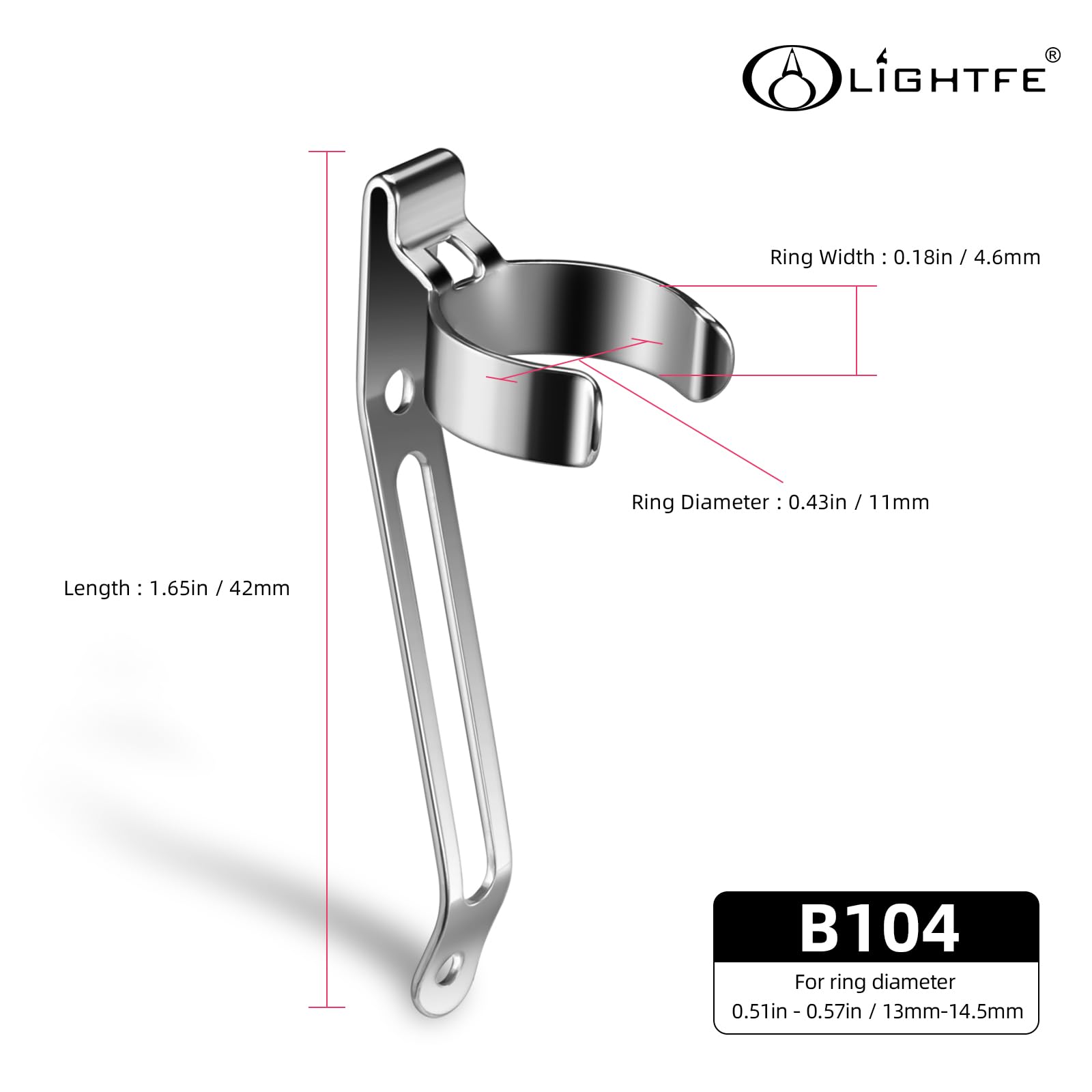 LIGHTFE B104 Stainless Steel Flashlight Clip for 13-14.5mm Diameter, 4.6mm Slot Width, 42mm Size, Ideal for Pen, Hat, Pocket, or