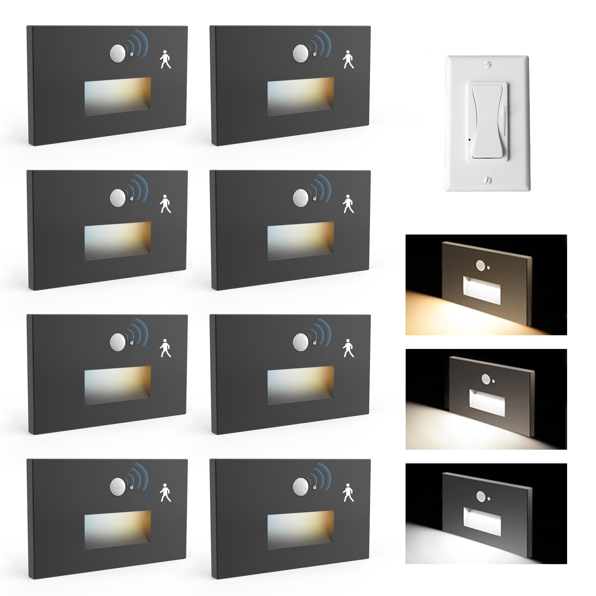 Jandov Motion Sensor Stair Lights 8 Pack, Dimmable 3000K/4000K/6000K, Hardwired 120V, Waterproof, Black, Model JV-Outdoor