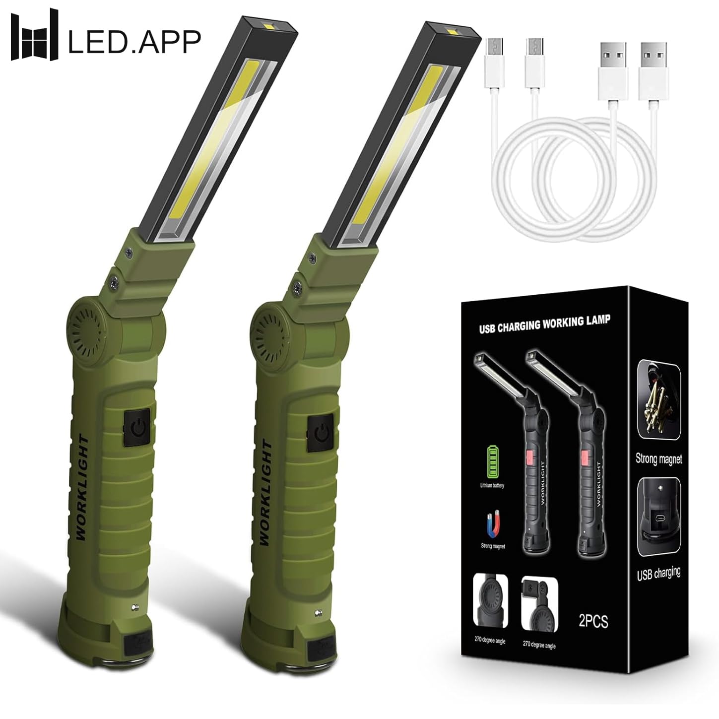 LED.APP 2Pack USB Rechargeable COB Work Light, Magnetic Base, 360°Rotate, 5 Modes, Plastic, Green