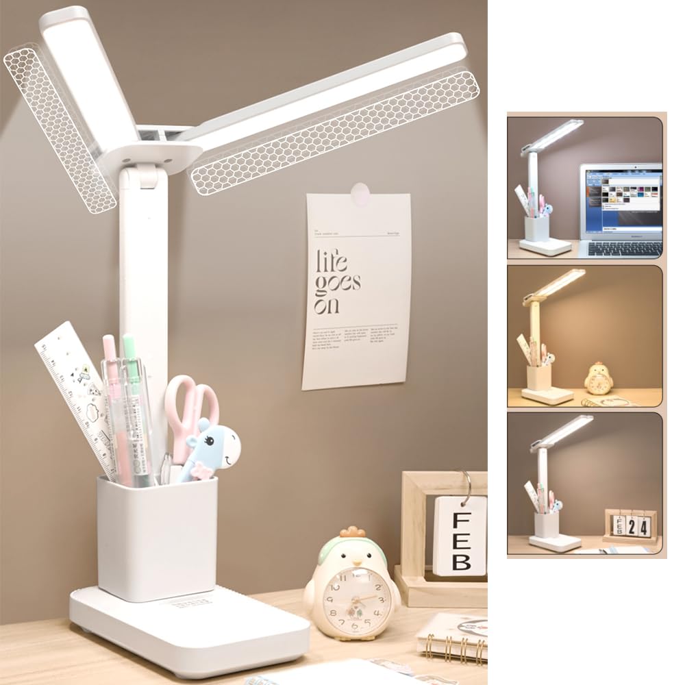 Rechargeable Desk Lamp, Small Desk Light with 3 Color Temperatures & Stepless Dimming, Battery Powered Table Lamp for Home Offic