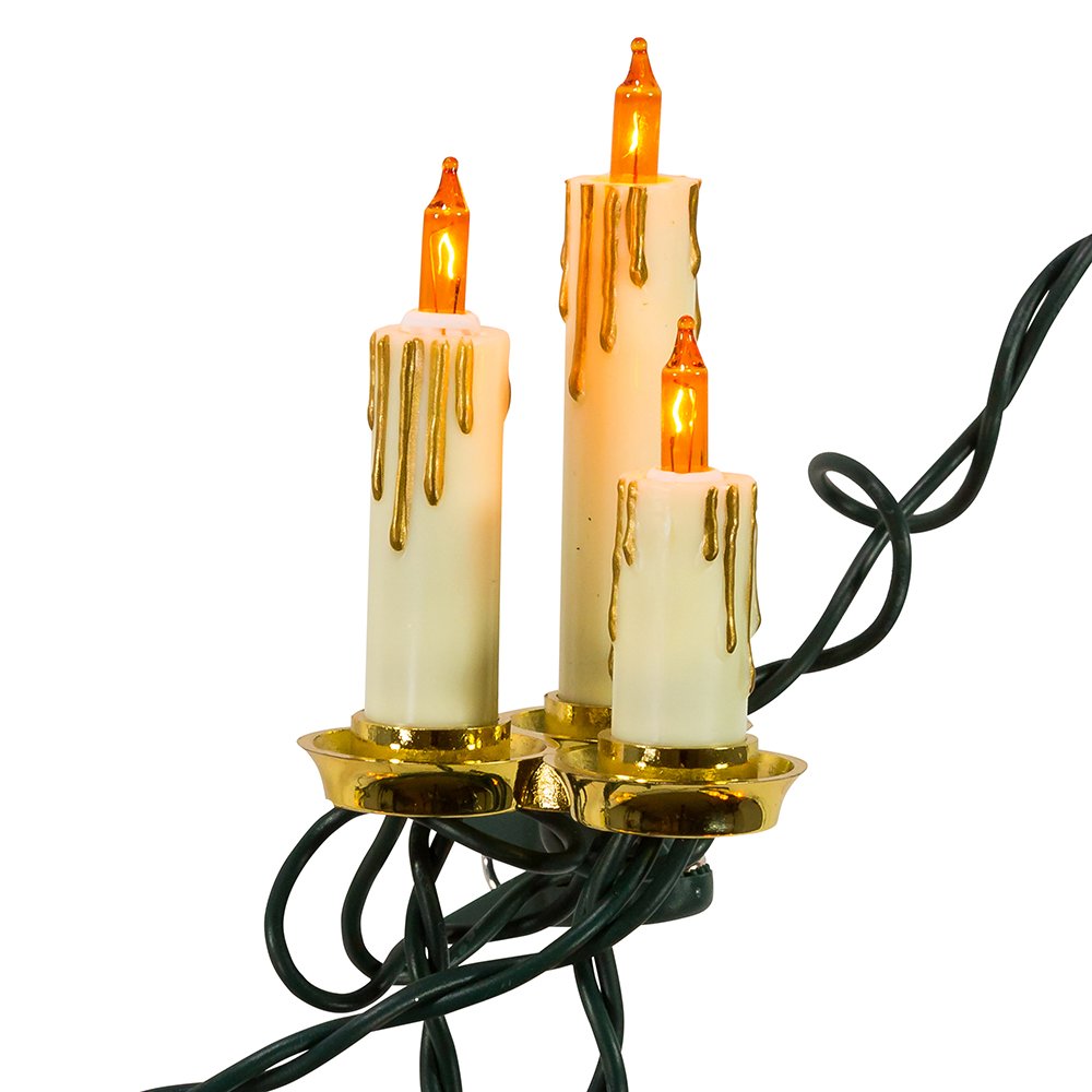 Kurt S. Adler 15-Light Triple Candle Light Set, 11.5ft, Ivory Candle Shaft, White/Gold, Model UL1681, Plastic Material