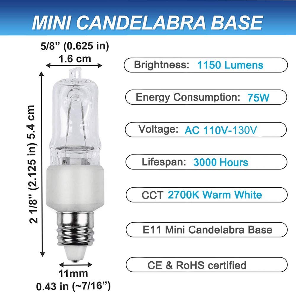 Vinaco E11 Halogen Bulb, 75W, 1150lm, Glass, Warm White, 4 Count
