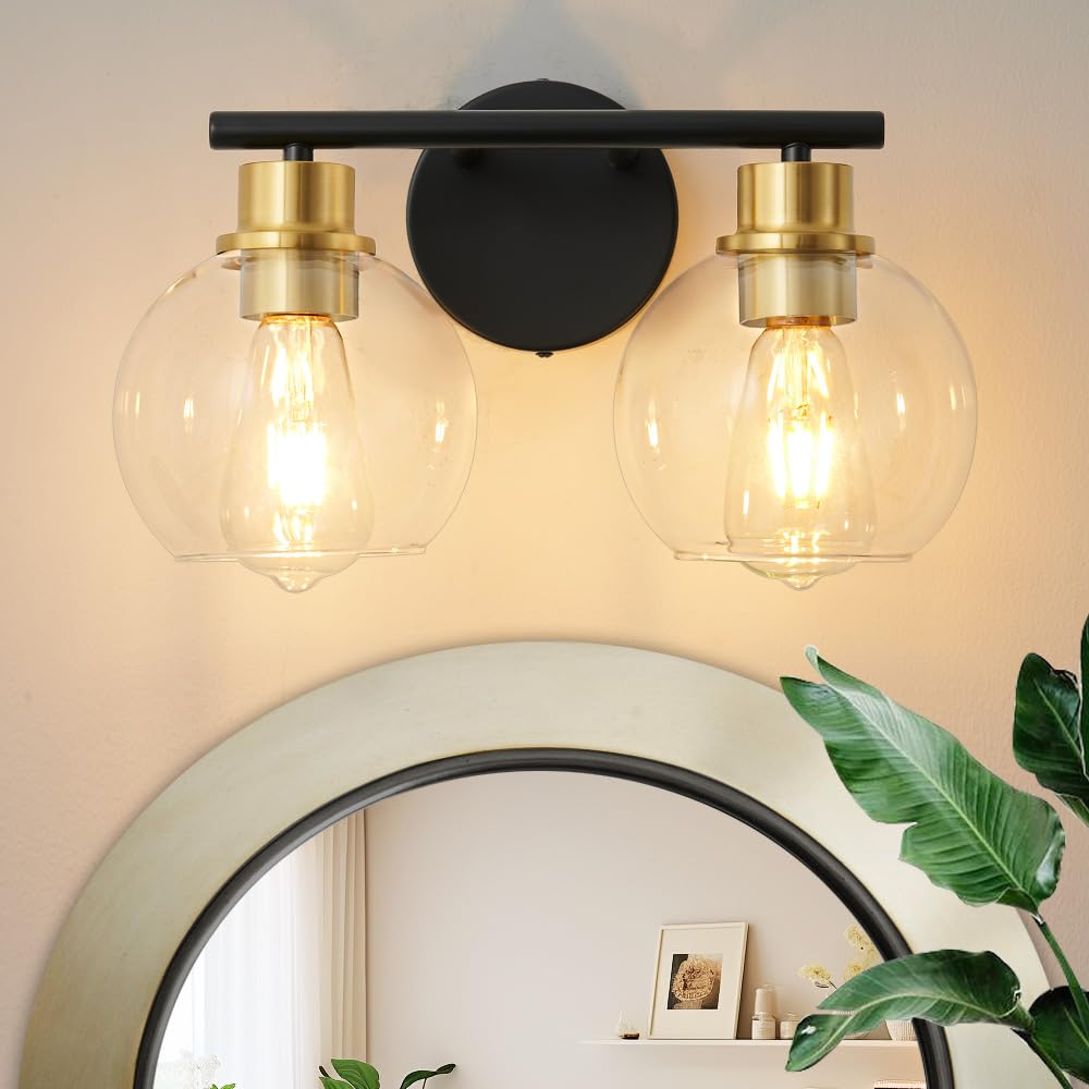 Lanmate 2-Light Bathroom Light Fixtures Black And Gold Vanity Light 13.8 Inch Bathroom Lights Over Mirror With Clear Glass Globe
