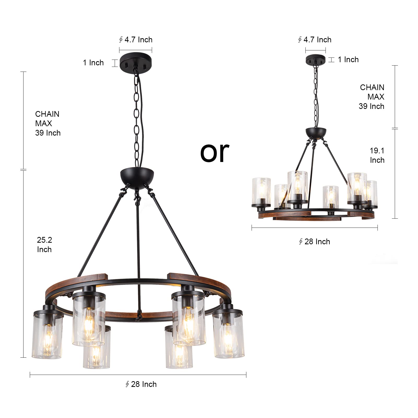 NSRCE 28-Inch Rustic Wagon Wheel Chandelier, 6-Light Round Pendant Light, Matte Black, Metal Shade for Kitchen, Living Room, Foyer