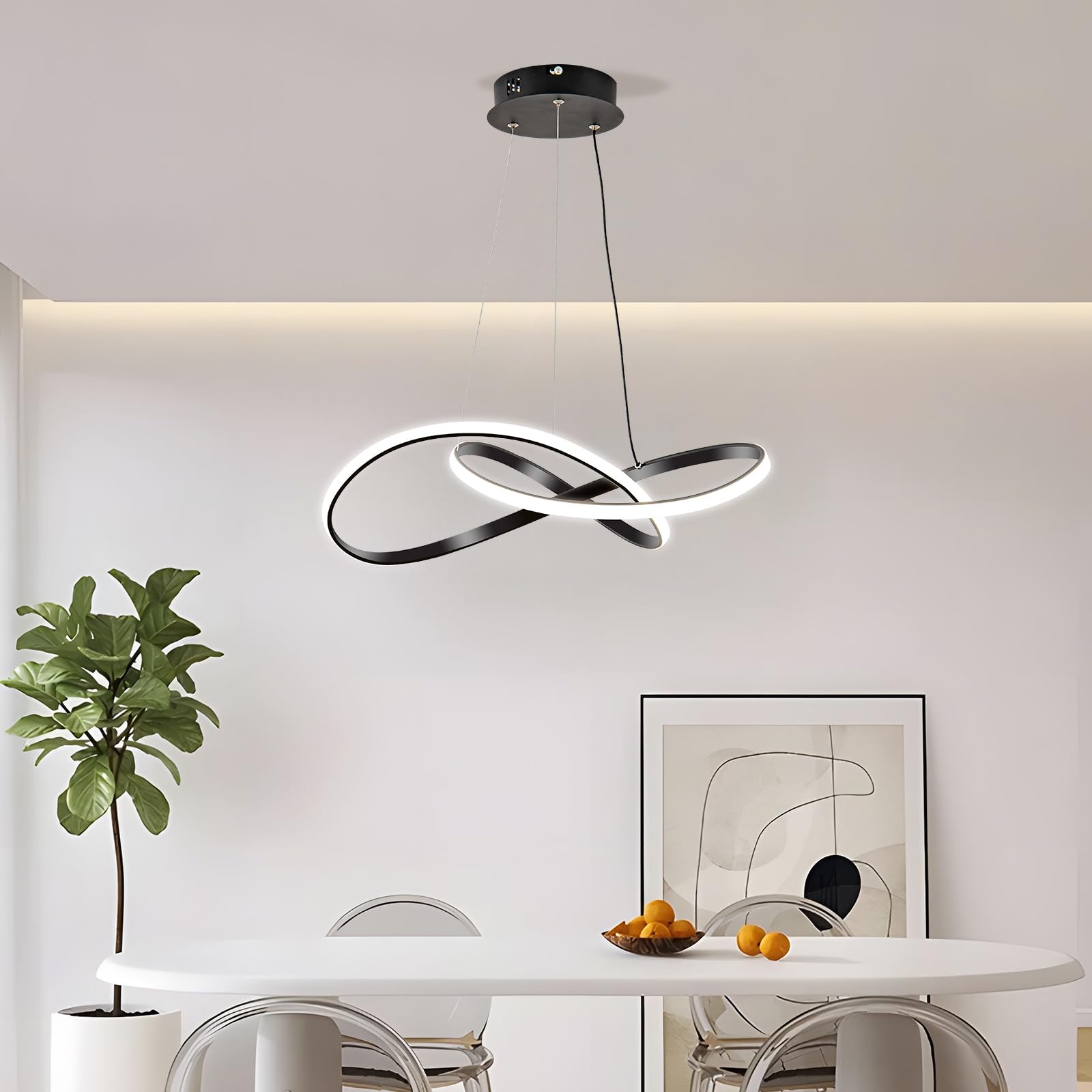 Viruhaka Black Modern Led Pendant Light Fixture - Irregular Ring Design For Dining & Living Room