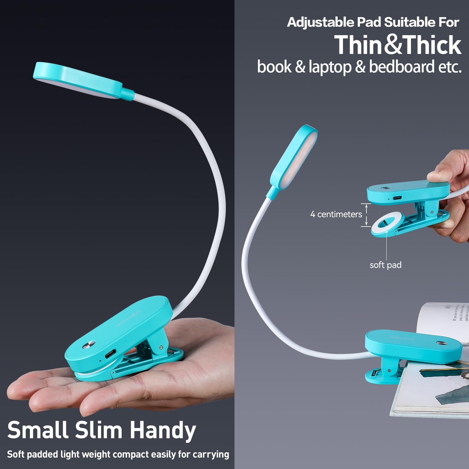 VAVOFO Rechargeable Book Light, 14 LEDs, Clip On, Eye Care, Amber Light, Lake Blue, Model KM-6775