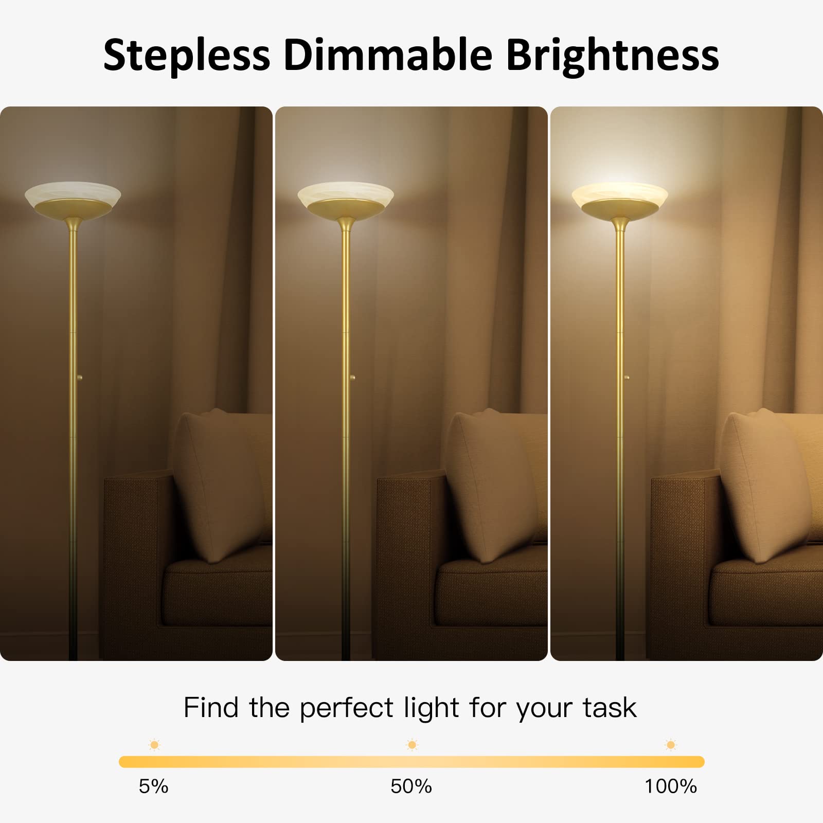 Boostarea Torchiere Floor Lamp, 24W Super Bright Led Standing Lamp, 3000K Stepless Dimmable Pole Lamp With Rotary Switch, 70 Inc