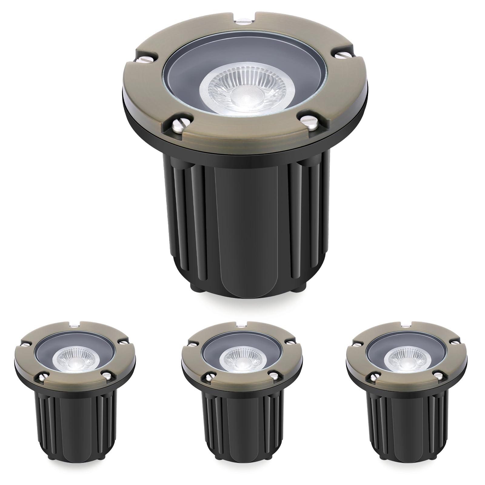 Gardencoin Brass Low Voltage Landscape Well Lights (5 Cover  5.5 Tall)  12V LED Wired In-Ground Outdoor Up Lighting Fixture Waterproof  Adjustable Beam Direction Base  Without MR16 Bulb (4 Pack)