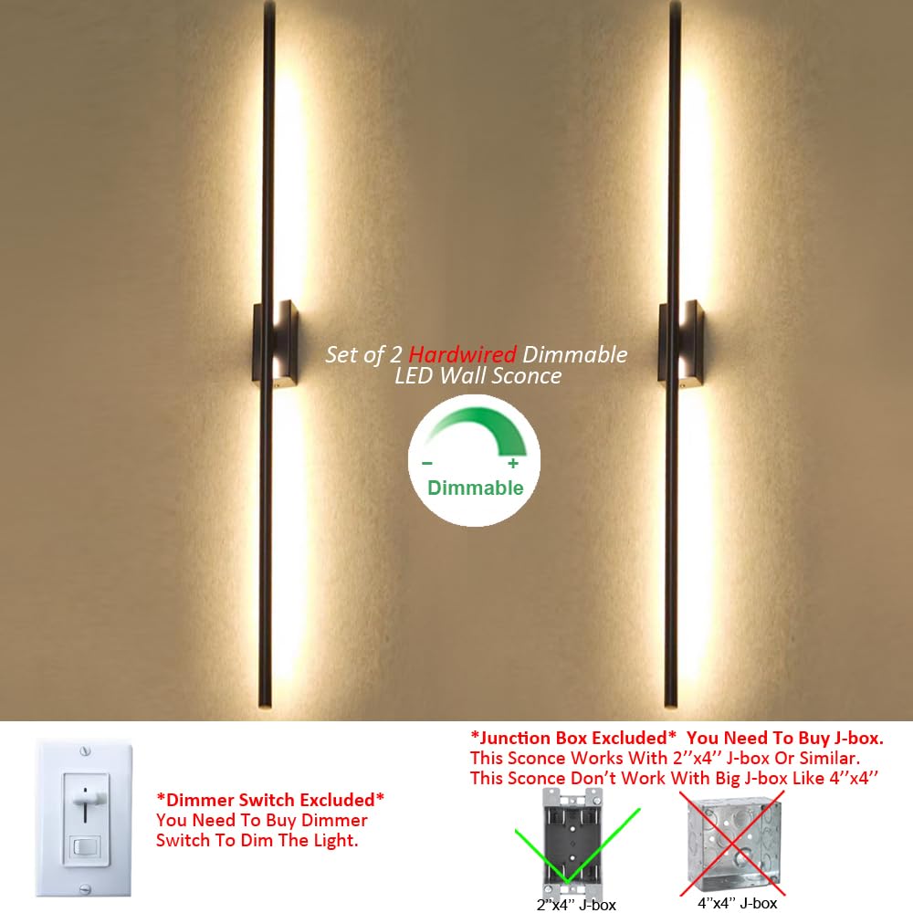 Reddragon Lighting 48" Dimmable Black LED Wall Sconce - Set of 2 Minimalist Iron Vanity Light for Living Room, Corridor, Bathroom, Bedroom