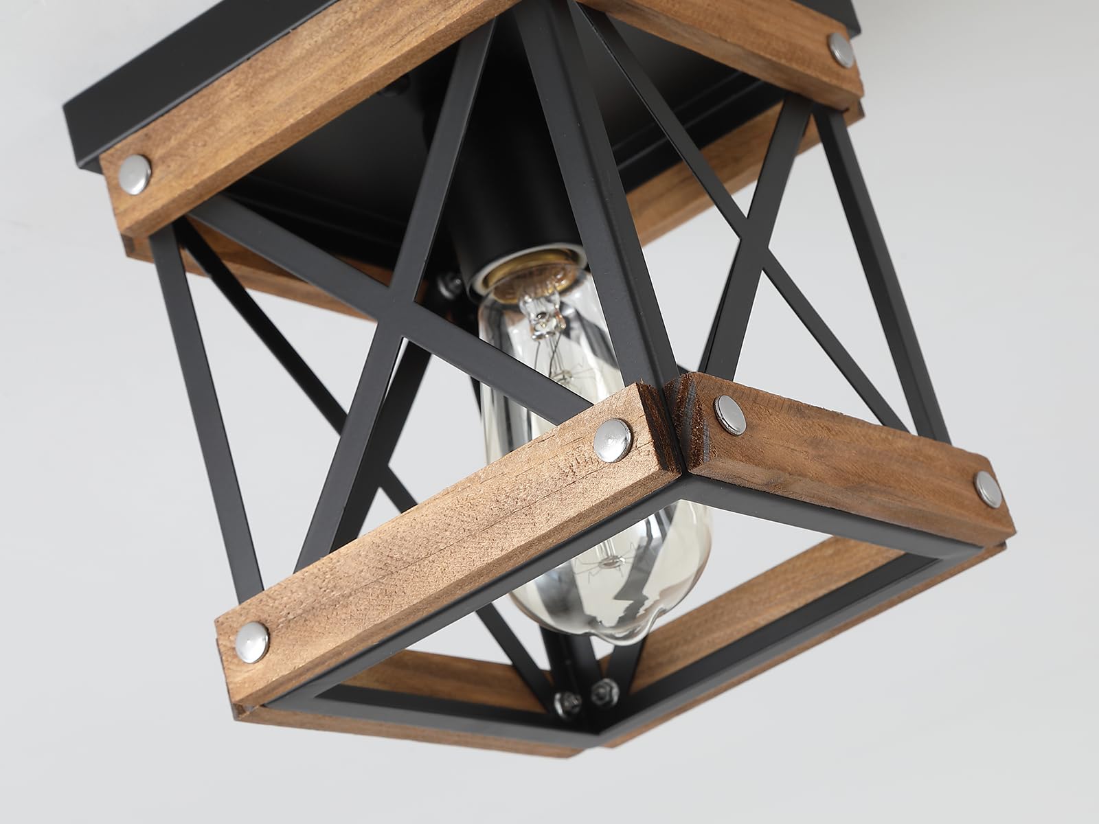 2 Pack Rustic Farmhouse Wood Flush Mount Ceiling Light Fixture Oak Wood And Metal Square Cage Small Semi Flush Mount Ceiling Lig