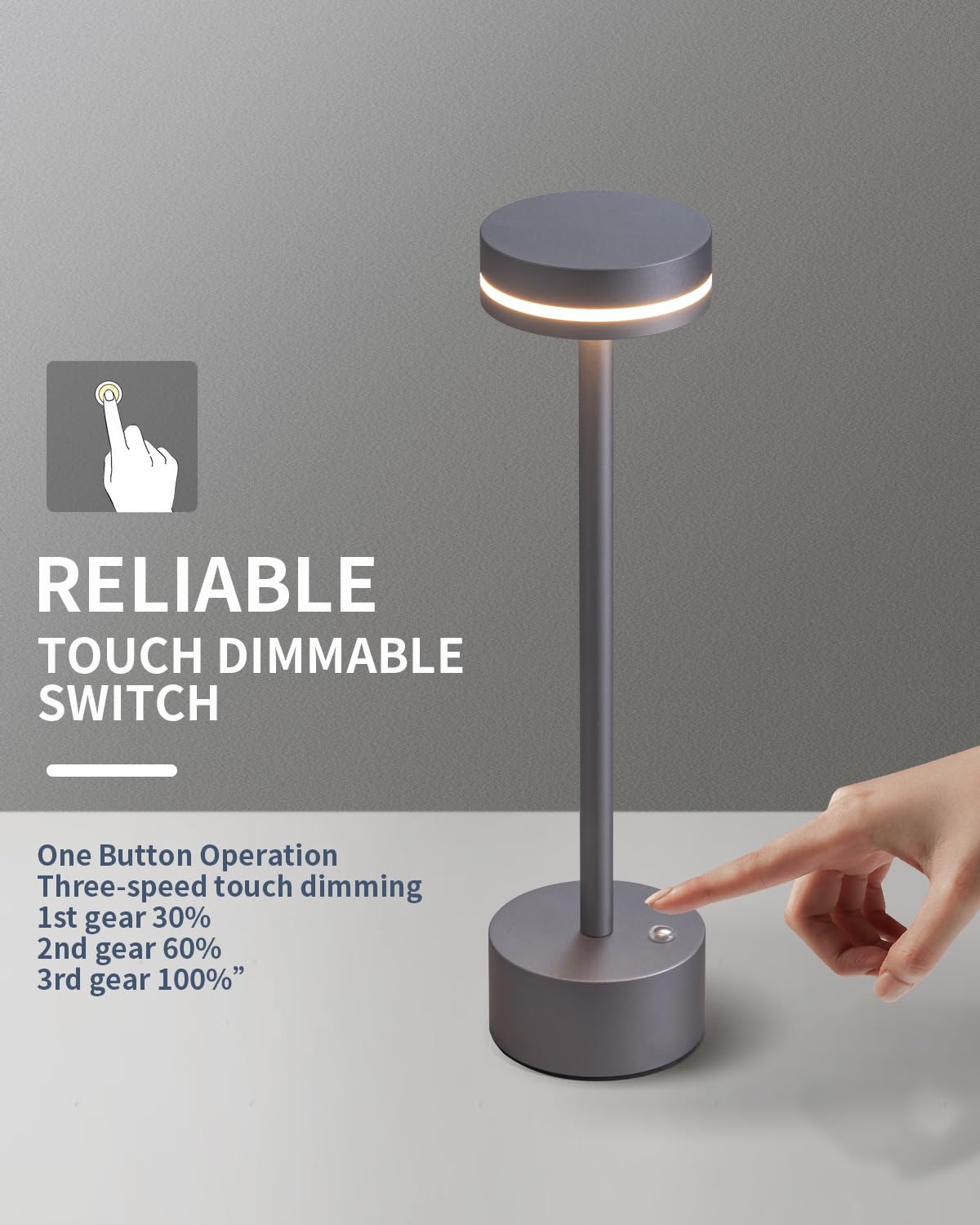 PUSU Portable LED Table Lamp, Cordless, Touch Control, Small, Gray, Model AMZ-TBL1800-YU